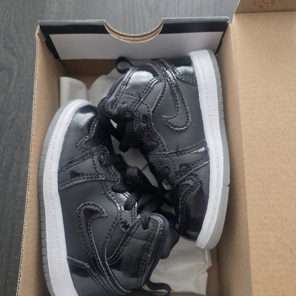 Nike Jordan 1 Mid Kids Black Patent High-Top Sneakers with White Sole